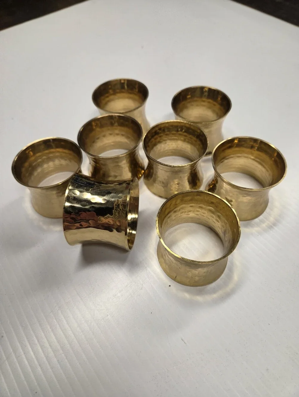 Mid-Century Modern Hammered Gold Brass Flared Napkin Rings – Set of 8